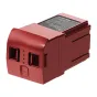 Red UNITREE R1 Crismon Hero battery with front panel showing dual charging slots, LED indicators and power button, top label with specs