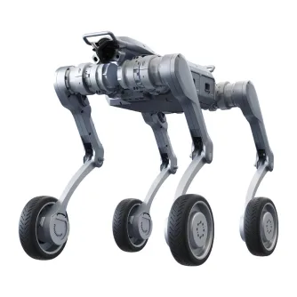 UNITREE A2-W šķērskrusts četrstāvu robotis ar zeltai zīmogs ķērķiem, melnām gaisa zīmēm, frontālā kameras un LiDAR sensora, alumīna ķērķa ķērķi, dvi 9000 mAh bātes kāpnes, izstrādāts rūpniecības laukā līdz 25 kg lādze un 5 stund