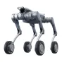 Unitree A2-W Pro wheeled-foot industrial robot with four articulated legs ending in rugged wheels, front-mounted camera, dual LiDAR sensors and a sleek silver chassis, shown in full side view against a white background.