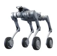 Unitree A2-W Pro wheeled-foot industrial robot with four articulated legs ending in rugged wheels, front-mounted camera, dual LiDAR sensors and a sleek silver chassis, shown in full side view against a white background.Unitree A2-W Pro wheeled-foot industrial robot with four articulated legs ending in rugged wheels, front-mounted camera, dual LiDAR sensors and a sleek silver chassis, shown in full side view against a white background.
