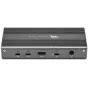 OWC USB4 6‑portu huba pēdējā puse, parādot divas USB4, divas USB‑C, HDMI 2.1, 81 W laižošanas un 20 V DC ievades kontakti uz tumsu melnu alūmīnu ķērēņa ar ģērbu augšējā puse un OWC logo.