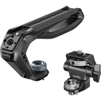 SmallRig 6145 top handle and monitor support kit with ARRI locating holes, 1/4"-20 threads, cold shoe mount and adjustable monitor positioning.