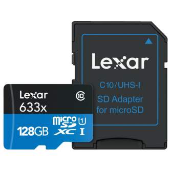 Atmiņas kartes - LEXAR 128GB 633X MICROSDXC UHS-I HS ar adapteri - perc šodien veikalā un ar piegādi