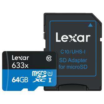 Vairs neražo - LEXAR 633X MICROSDHC/SDXC W/ADAP (V30) R95/W45 64GB